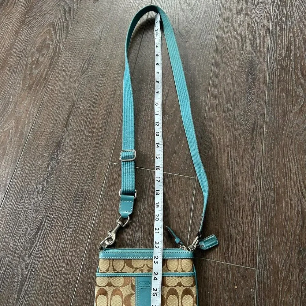 Coach Signature Canvas Leather Swingpack Crossbody bag in brown and teal - Picture 5 of 7